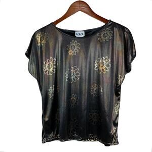 Vintage Orare Blouse Top Short Sleeve Shiny Metallic Flowers Women's 12